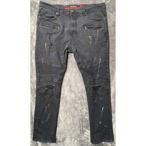 Makobi MK Biker Denim Jeans Men's 42x32 Black Distressed Paint Shredded Stretch